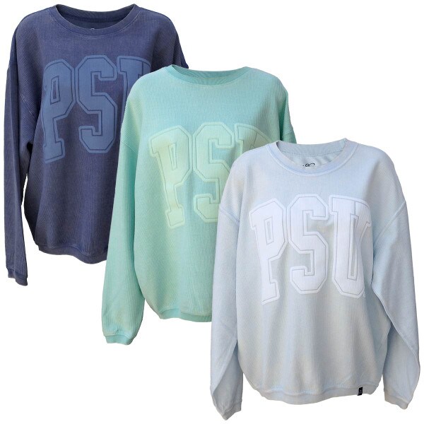 light blue, light green mint, and navy women's corded crews with large PSU varsity puff graphics
